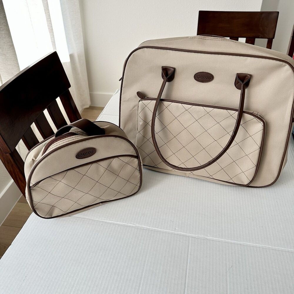 Lot 2 Roaman's Beige Brown Canvas Travel Overnight & Toiletry Cosmetic Bags Zips